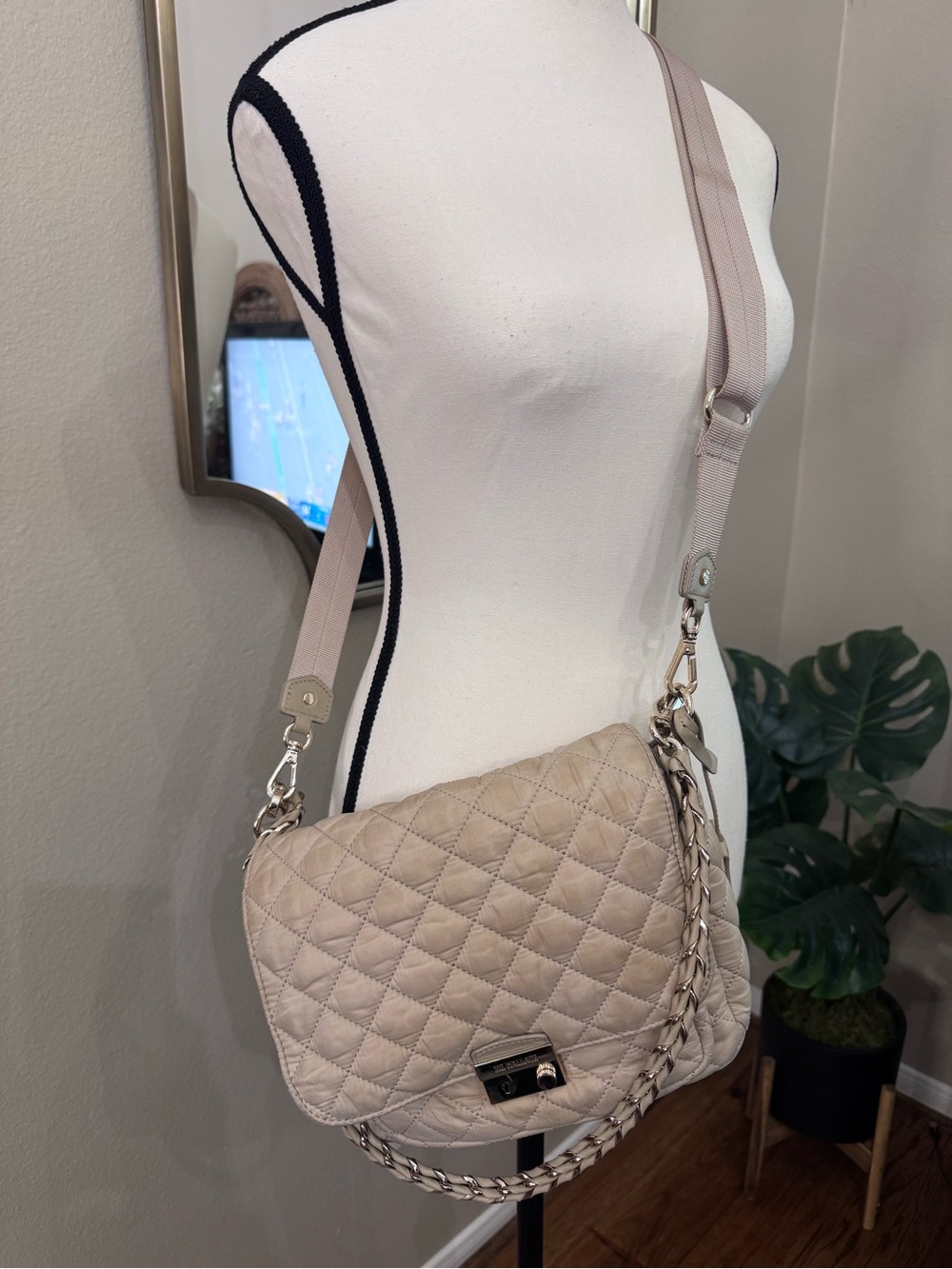 MZ Wallace Medium Crosby Lock Crossbody Buff Quilted Bag 2 Straps
